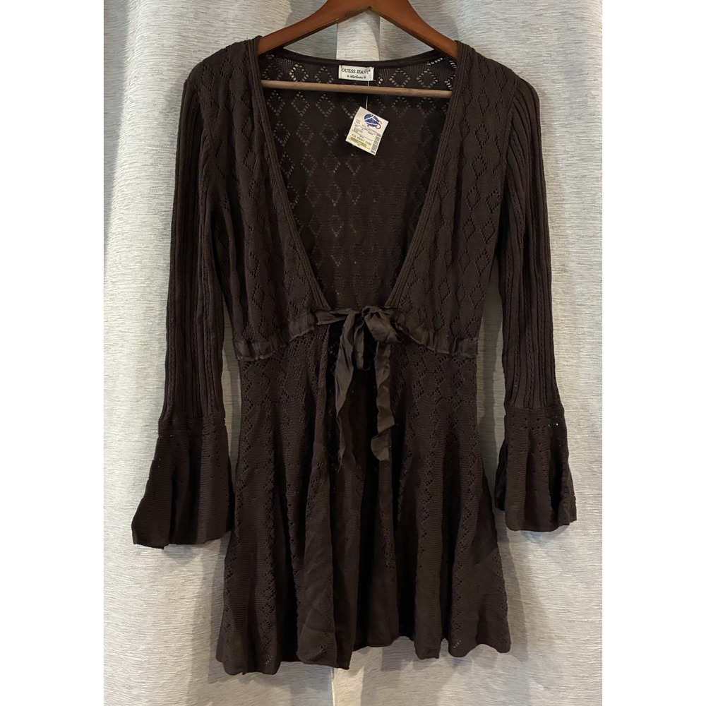VTG Guess Jeans Knit Brownβ Tie Belle Sleeve Cardigan Y2K Whimsy Fairy NOS